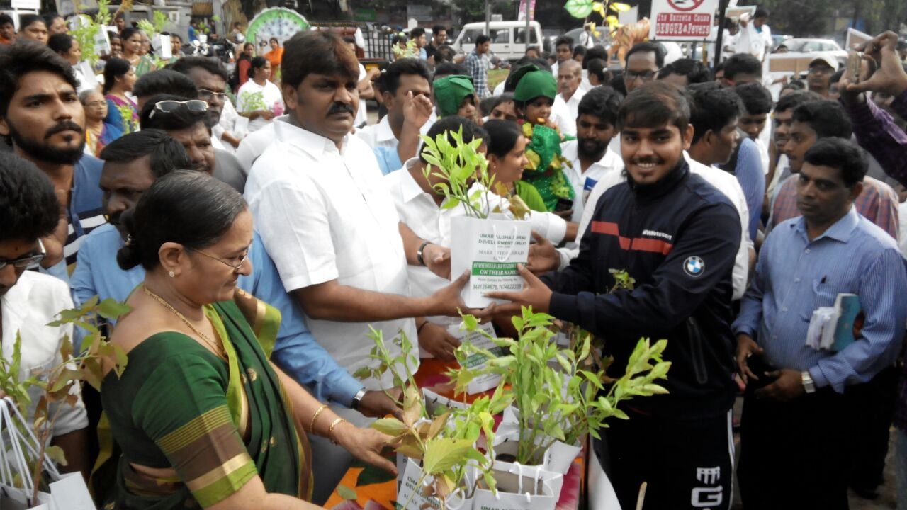 Telangana State Greater Hyderabad Municipal Corporation Mayor Bonthu Rammohan Garu distributing the free plants to the people at KBR National Park through our Trust UARDT. Biodiversity Director also participated in the program.