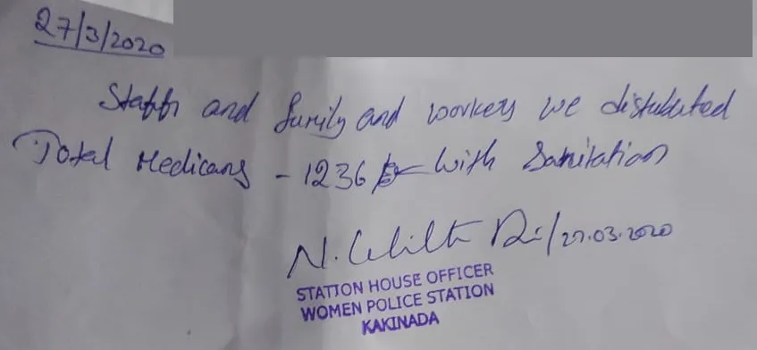 Coronavirus preventive medicine distributed by UARDT at Women Police Station, Kakinada on 27-March-2020