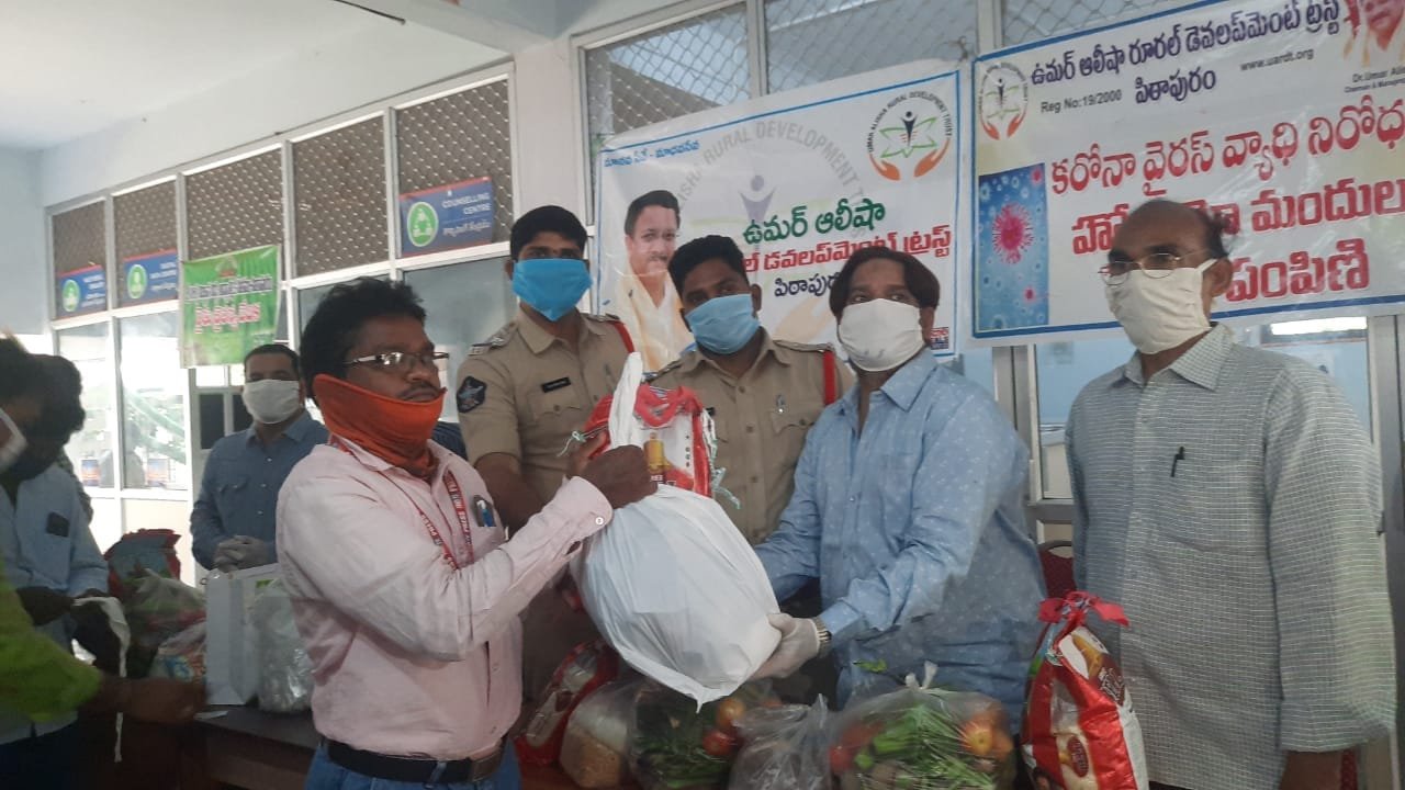 UARDT distributed Coronavirus preventive Homeo medicine, masks, groceries, vegetables at old Ashram, Pithapuram on 01-May-2020