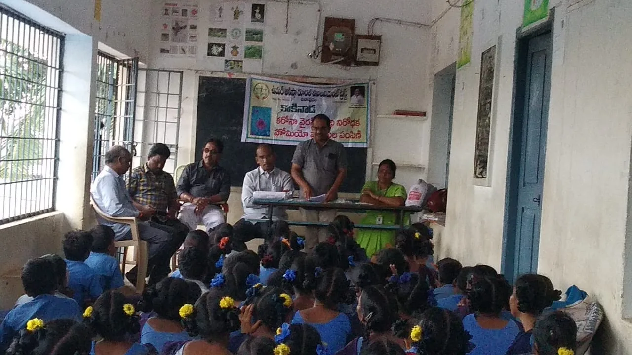 Umar Alisha Rural Development Trust has distributed Coronavirus preventive Homeo medicine for free at ZP High School, Suryarao Peta, Kakinada on 04-Feb-2020